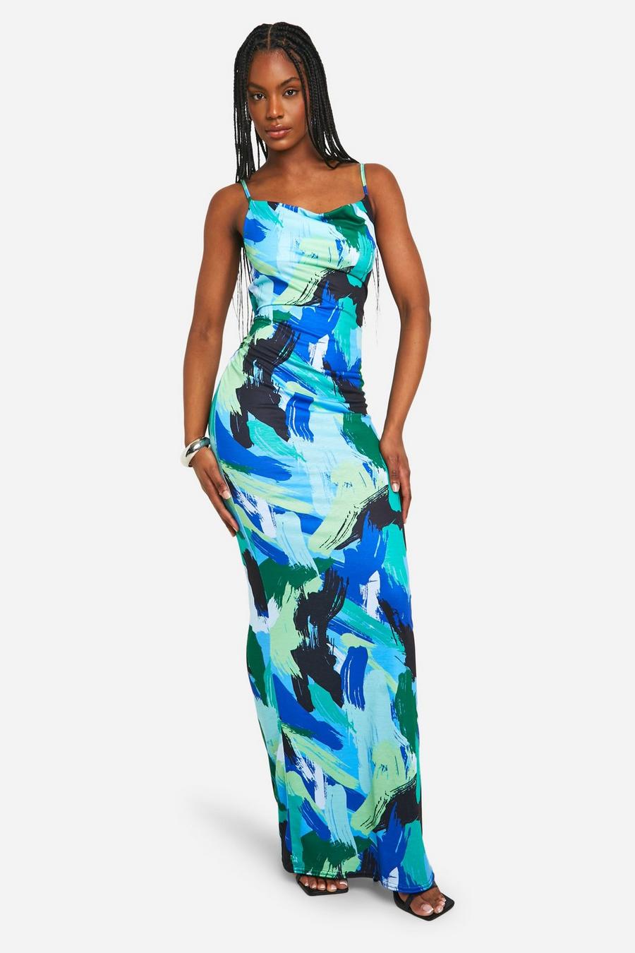 Blue Tall Abstract Cowl Maxi Dress image number 1
