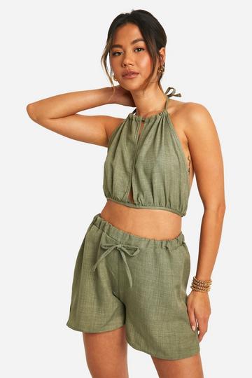 Linen Look Open Back Top & Flippy Shorts khaki