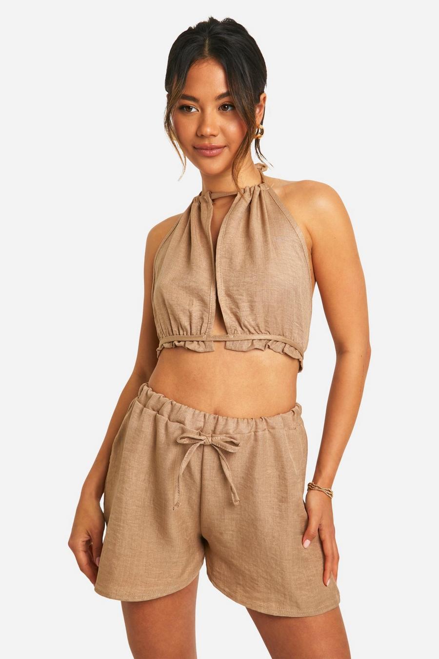 Taupe Linen Look Open Back Top & Flippy Shorts image number 1