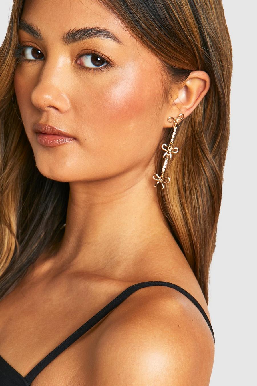 Gold Bow Embellished Drop Earrings 