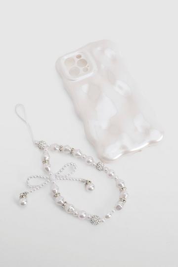 White Wavy Pearlised Phone Case With Charm