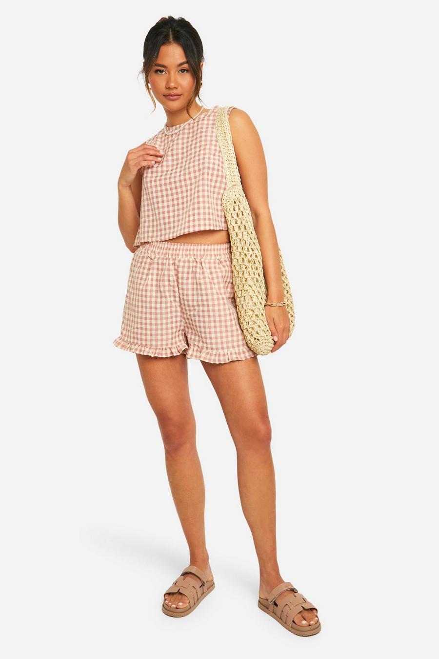 Dusty red Gingham Frill Hem Flowy Shorts image number 1