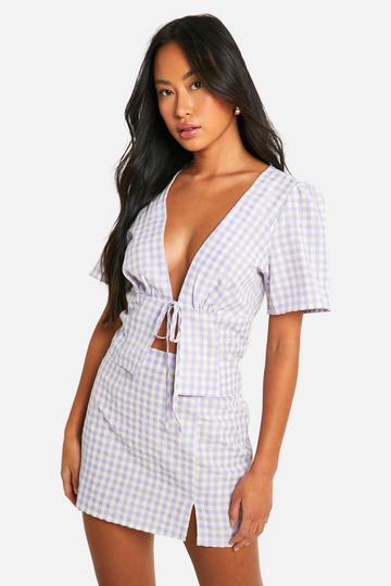 Gingham Tie Front Short Sleeved Top pale lilac