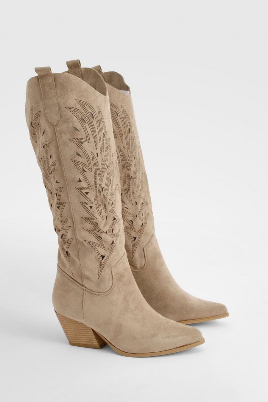 Taupe Embroidered Cut Knee High Western Boots 