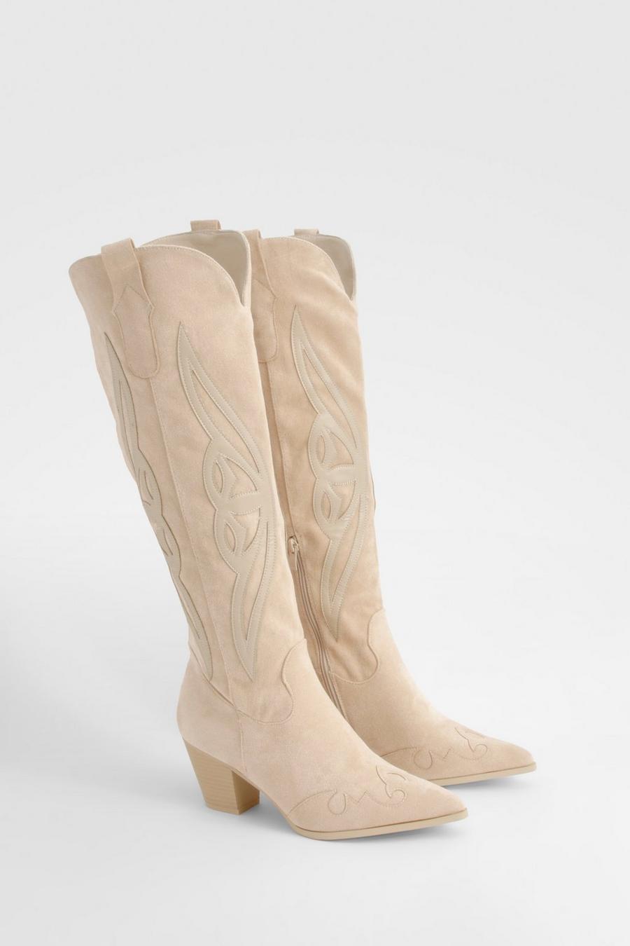 Beige Embroidered Panel Knee High Western Boots