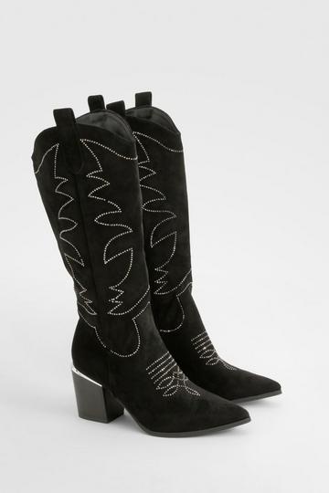 Embellished Knee High Western Boots black