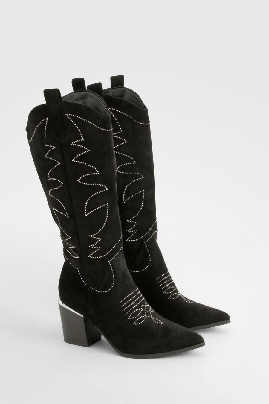 Black Embellished Knee High Western Boots 
