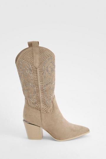 Embellished Calf High Western Boots taupe