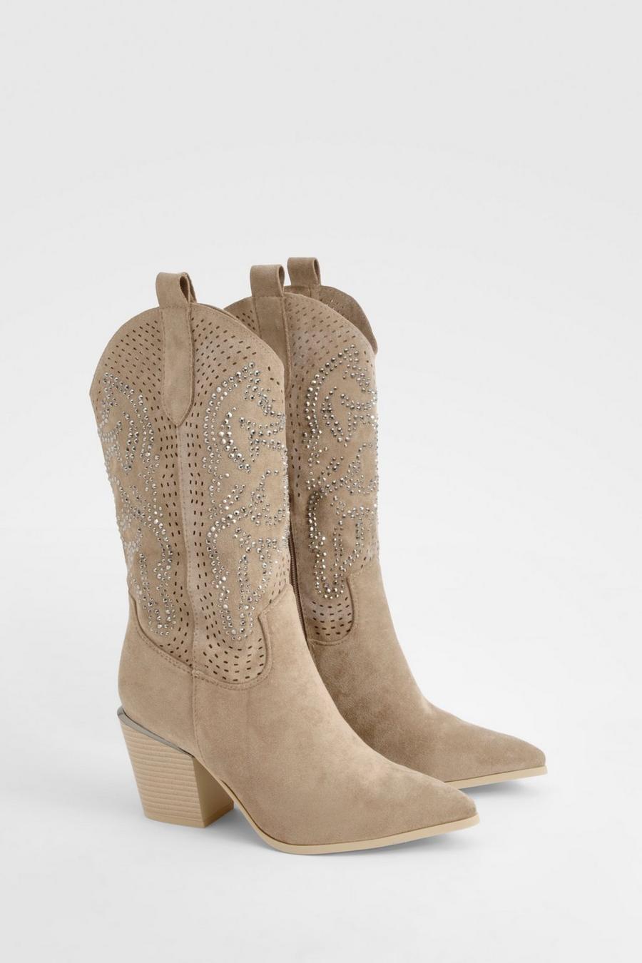 Taupe Embellished Calf High Western Boots 
