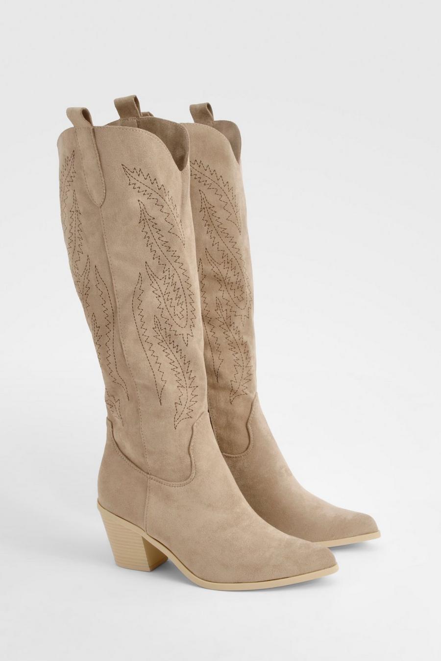 Taupe Embroidered Calf High Western Boots 