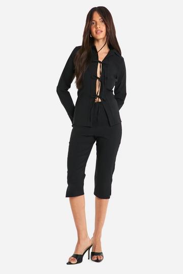 Super Stretch Tie Front Shirt & Side Split Capri Pants black