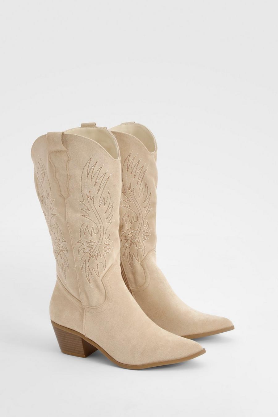 Beige Embroidered Calf High Western Boots
