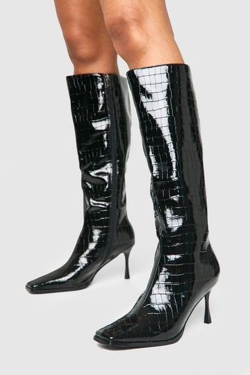 Black High Shine Croc Pointed Toe Heeled Boots