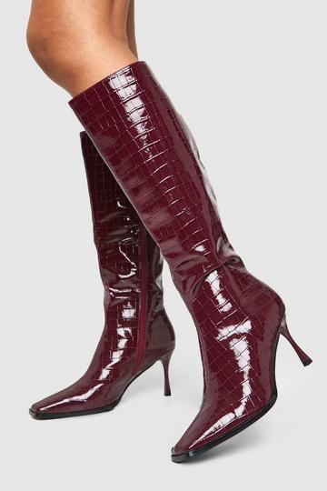 High Shine Croc Pointed Toe Heeled Boots cherry