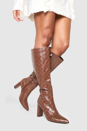 Chocolate Brown Woven Detail Block Heeled Knee High Boots