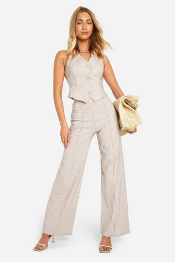 Super Stretch Pinstripe Vest & Seam Front Straight Leg Pants stone