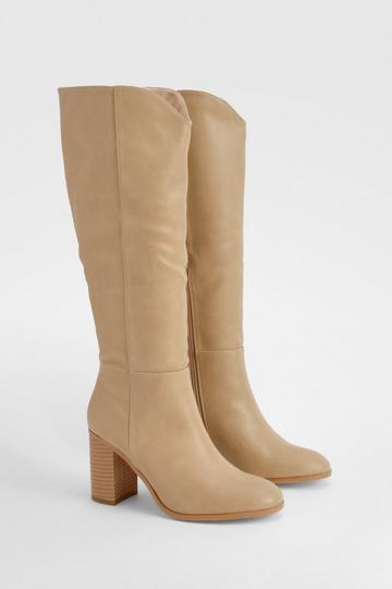 Wooden Stack Heel Detail Knee High Boots nude