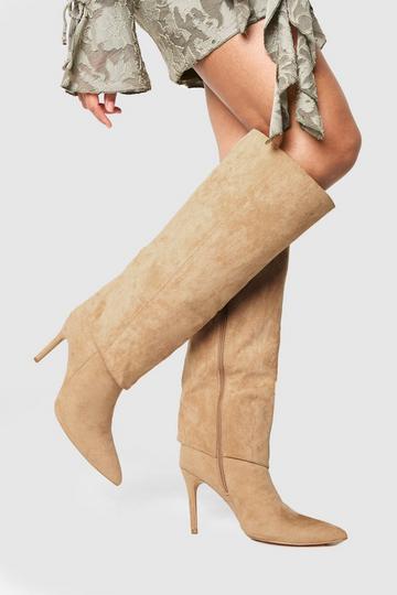 Taupe Beige Foldover Pointed Heeled Knee High Boots