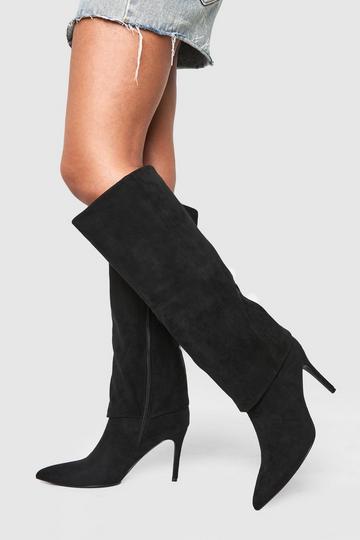 Foldover Pointed Heeled Knee High Boots black