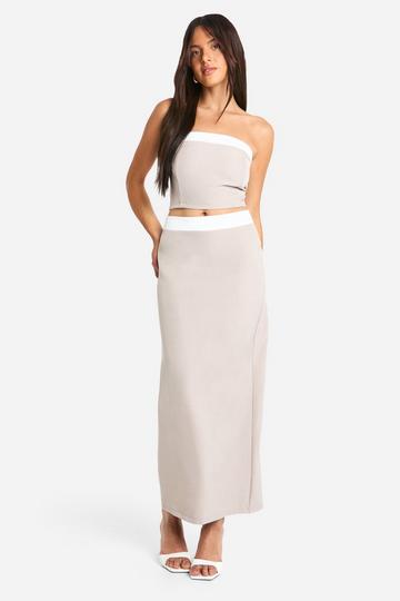 Textured Linen Look Contrast Column Maxi Skirt taupe