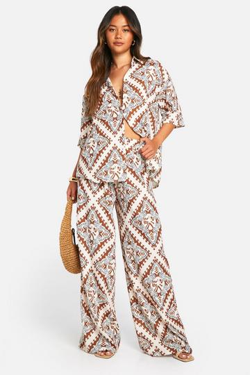 Hammered Scarf Print Oversized Shirt & Wide Leg Pants camel