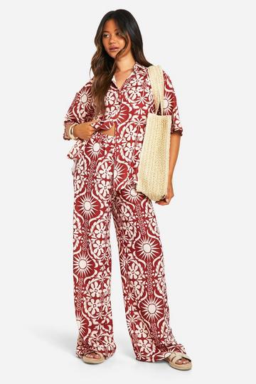 Hammered Boho Print Oversized Shirt & Wide Leg Pants rust