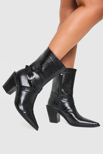 Black Pointed Snakeskin Buckle Detail Western Boots