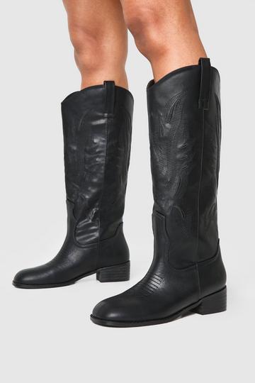 Square Toe Low Heel Knee High Western Boots black