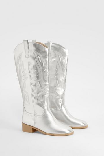 Square Toe Low Heel Knee High Western Boots silver