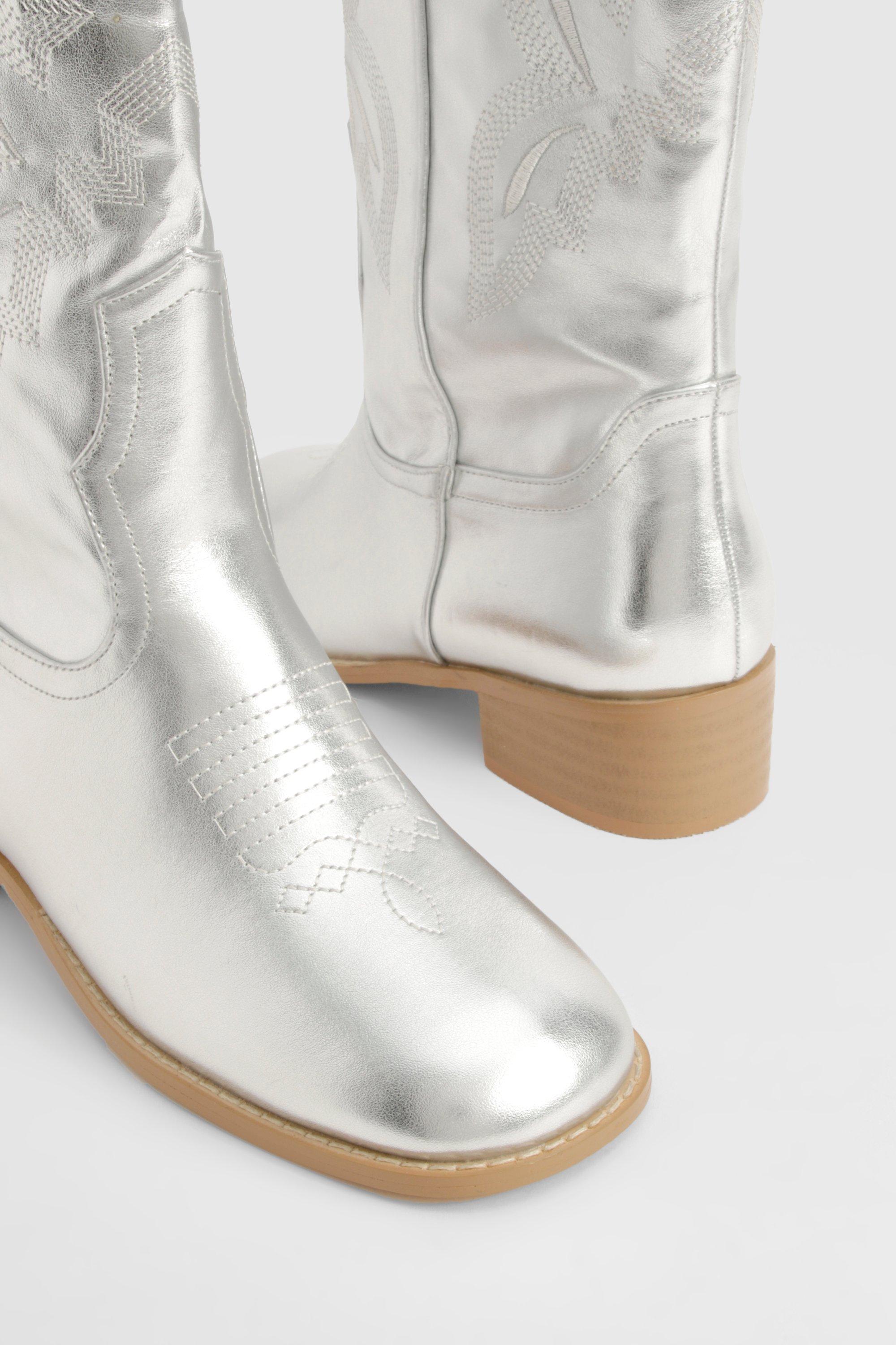 Square Toe Low Heel Knee High Cowboy Boots | boohoo USA Square Toe Low Heel Knee High Cowboy Boots | boohoo USA