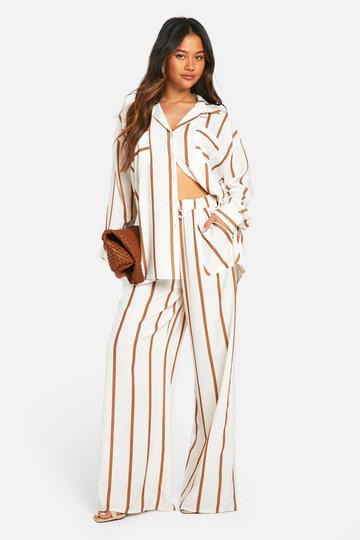 Beige Hammered Stone Stripe Wide Leg Trousers