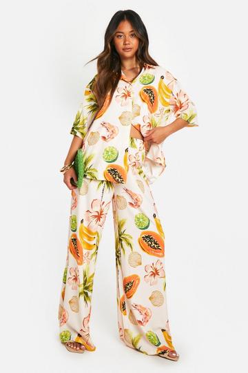 Oversized Platgeslagen Palm Print Blouse En Wide Leg Broek light stone