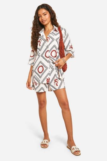 Stone Beige Hammered Tonal Boho Tile Print Oversized Shirt & Shorts Set