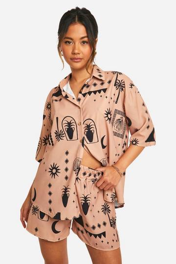 Hammered Tonal Boho Print Oversized Shirt & Shorts Set mocha