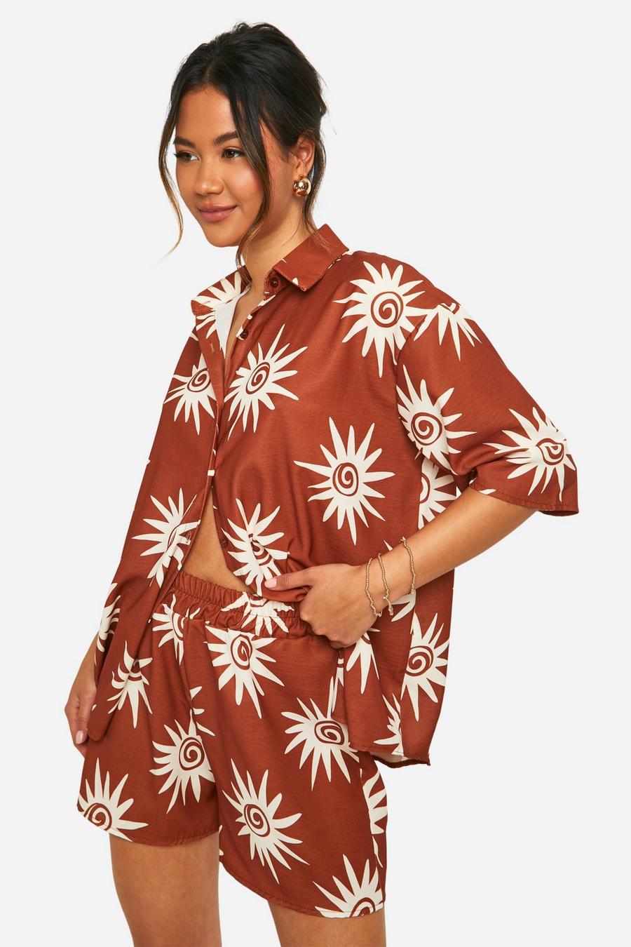 Spice Hammered Tonal Sun Print Oversized Shirt & Shorts Set image number 1