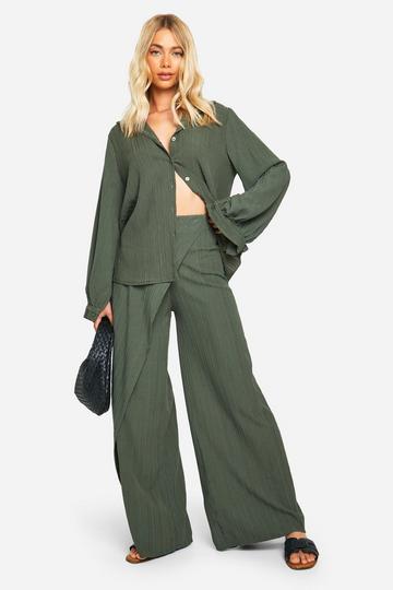 Woven Crinkle Relaxed Fit Shirt & Wrap Wide Leg Pants khaki