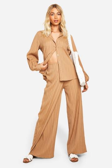 Stone Beige Woven Crinkle Relaxed Fit Shirt & Wrap Wide Leg Trouser