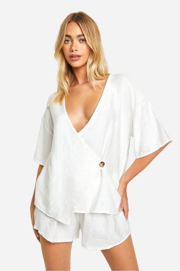 Woven Textured Wrap Front Top & Flowy Shorts ivory