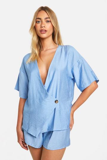 Woven Textured Wrap Front Top & Flippy Shorts powder blue