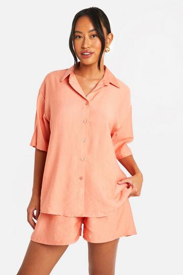 Linen Look Short Sleeved Shirt, Shorts & Scrunchie Set coral