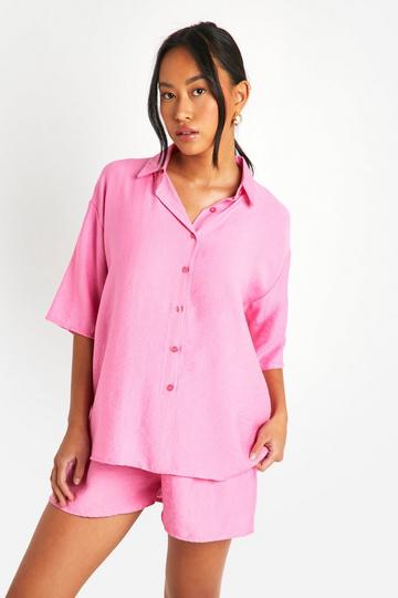 Linen Look Short Sleeved Shirt, Shorts & Scrunchie Set candy pink