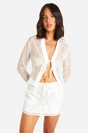 Tie Front Sheer Striped Blouse white