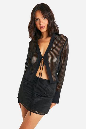 Tie Front Sheer Striped Blouse black