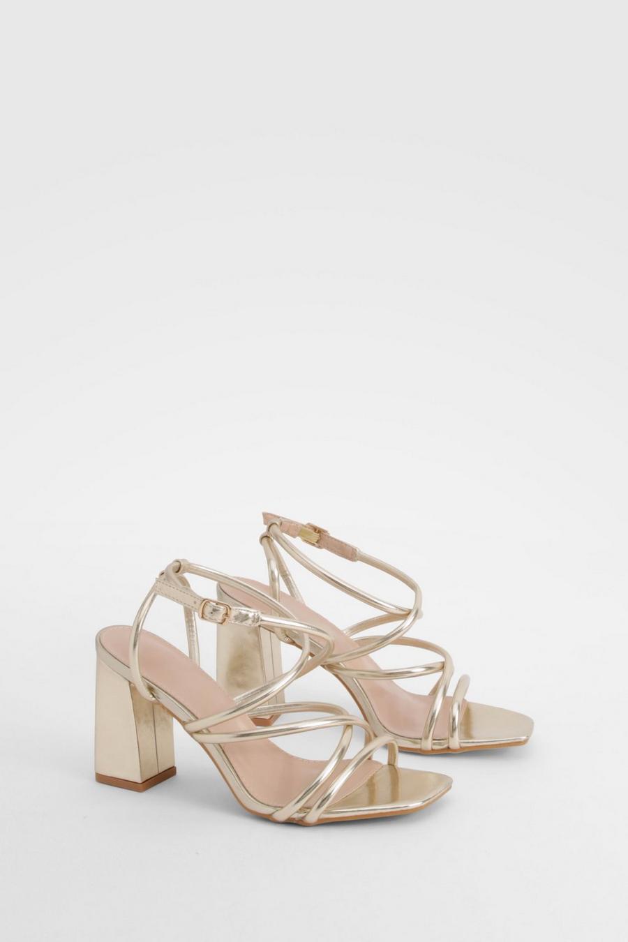 Gold Strappy Block Heeled Sandals image number 1