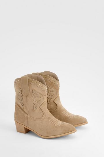 Taupe Beige Studded Calf High Western Cowboy Boots