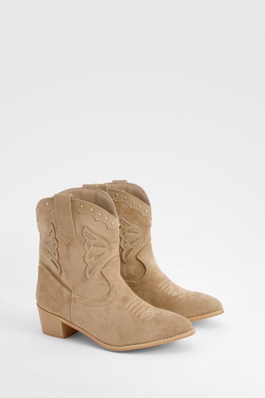 Taupe Studded Calf High Western Cowboy Boots