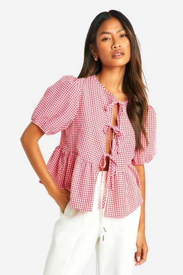 Red Gingham Puff Sleeve Tie Front Blouse