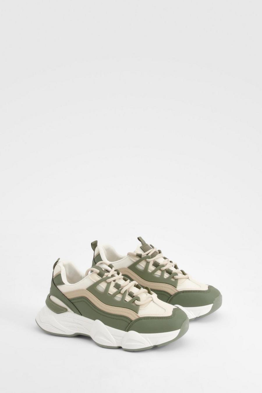 Green Chunky Sole Panelled Sporty Trainers    