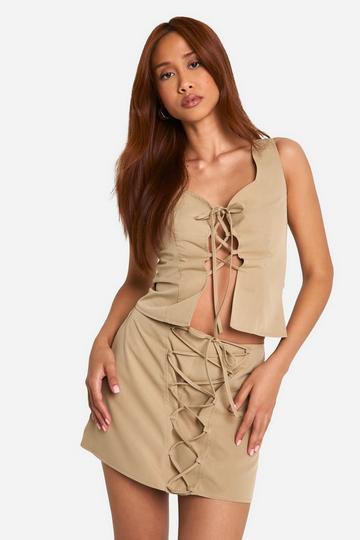 Lace Up Front Mini Skirt sand