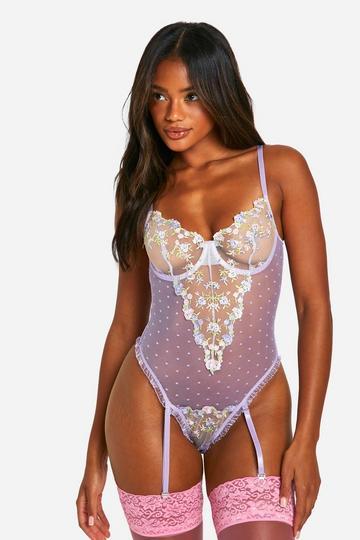 Floral Mesh Underwire Bodysuit lilac